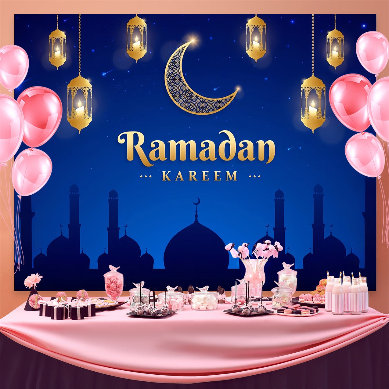 Ramadan Backdrops Goldene Sichel Laterne Nacht Backdrop GQ3-21