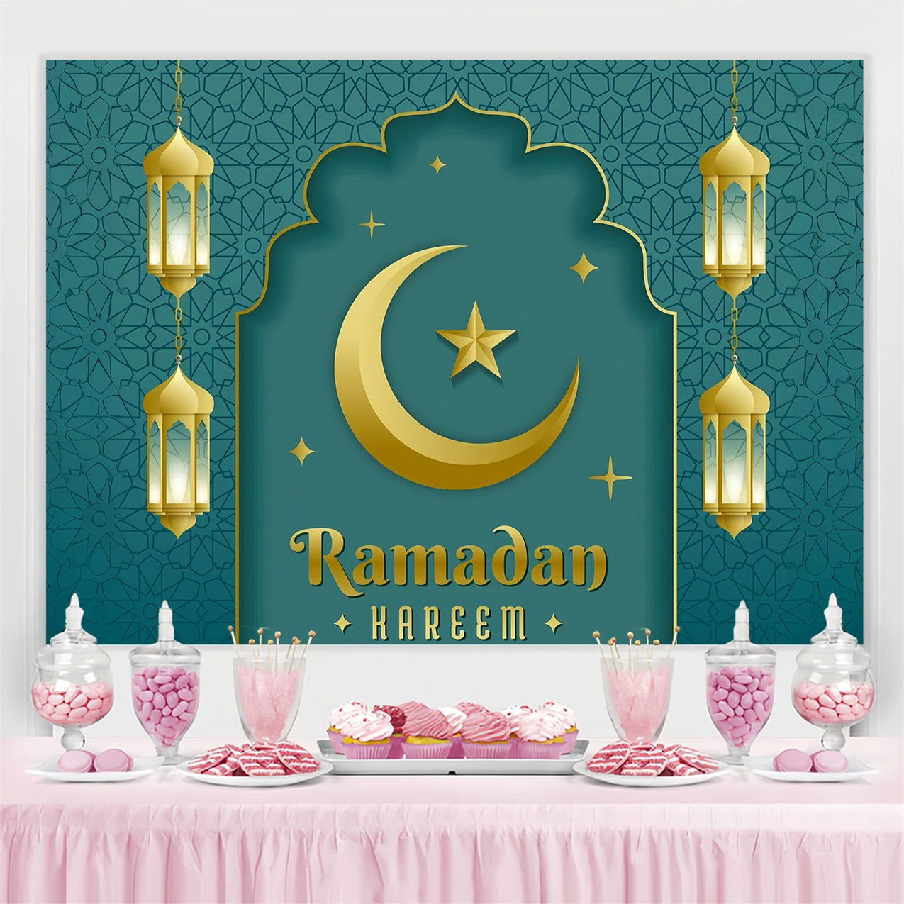 Ramadan Backdrops Eleganter Torbogen Sichel Laterne Backdrop GQ3-23