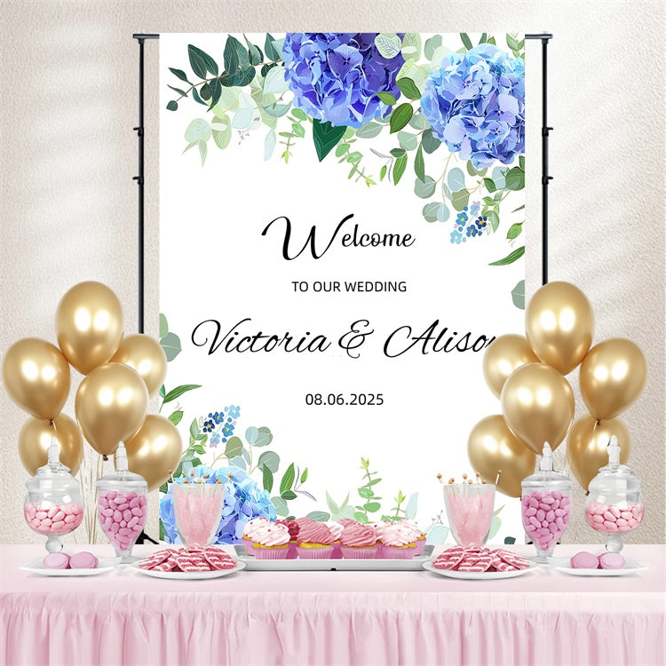 Personalisierte Hochzeit Backdrop Blue Floral Leafy Welcome Backdrop GQ3-237