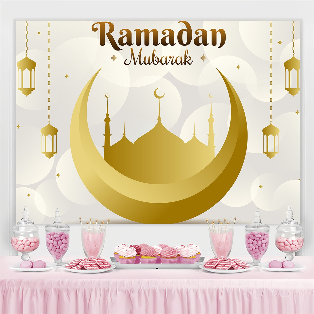Ramadan Mubarak Backdrop Goldene Mondsichel Hängende Laternen Backdrop GQ3-24