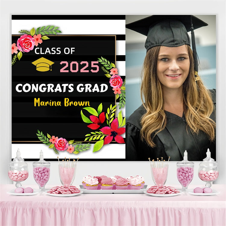 Customized Graduation Backdrop Schwarz Weiß Streifen Graduation Party Backdrop GQ3-246