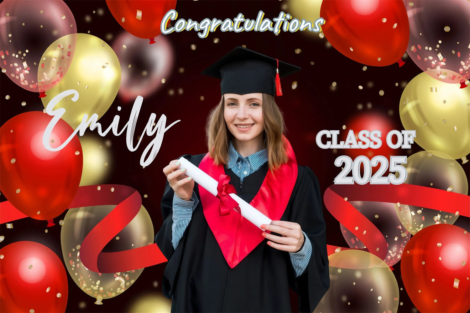 Personalisierte Graduation Backdrop Rot Gold Luftballons Graduation Party Backdrop GQ3-248