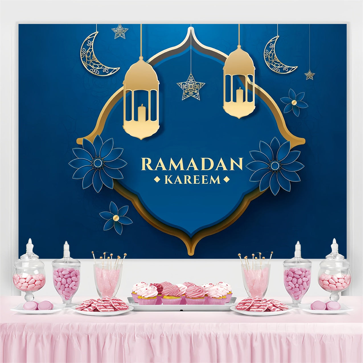 Ramadan Mubarak Hintergrundkulisse Blauer floraler Halbmond Hintergrundkulisse GQ3-31