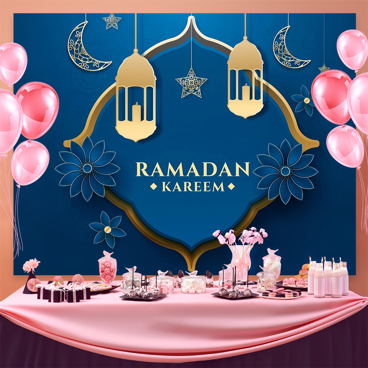 Ramadan Mubarak Hintergrundkulisse Blauer floraler Halbmond Hintergrundkulisse GQ3-31