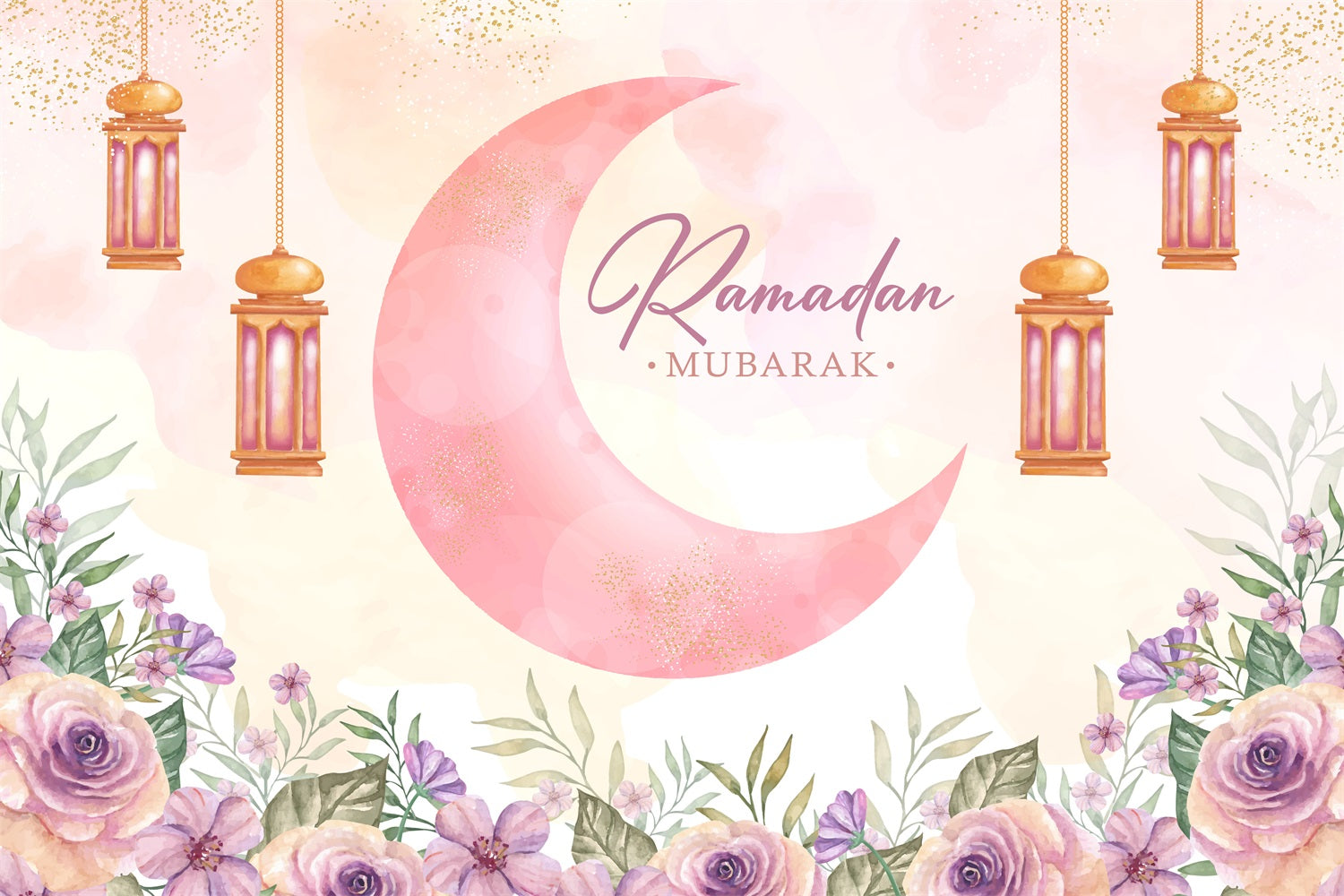 Ramadan Backdrops Aquarell Mondsichel Laternen Floral Backdrop GQ3-35