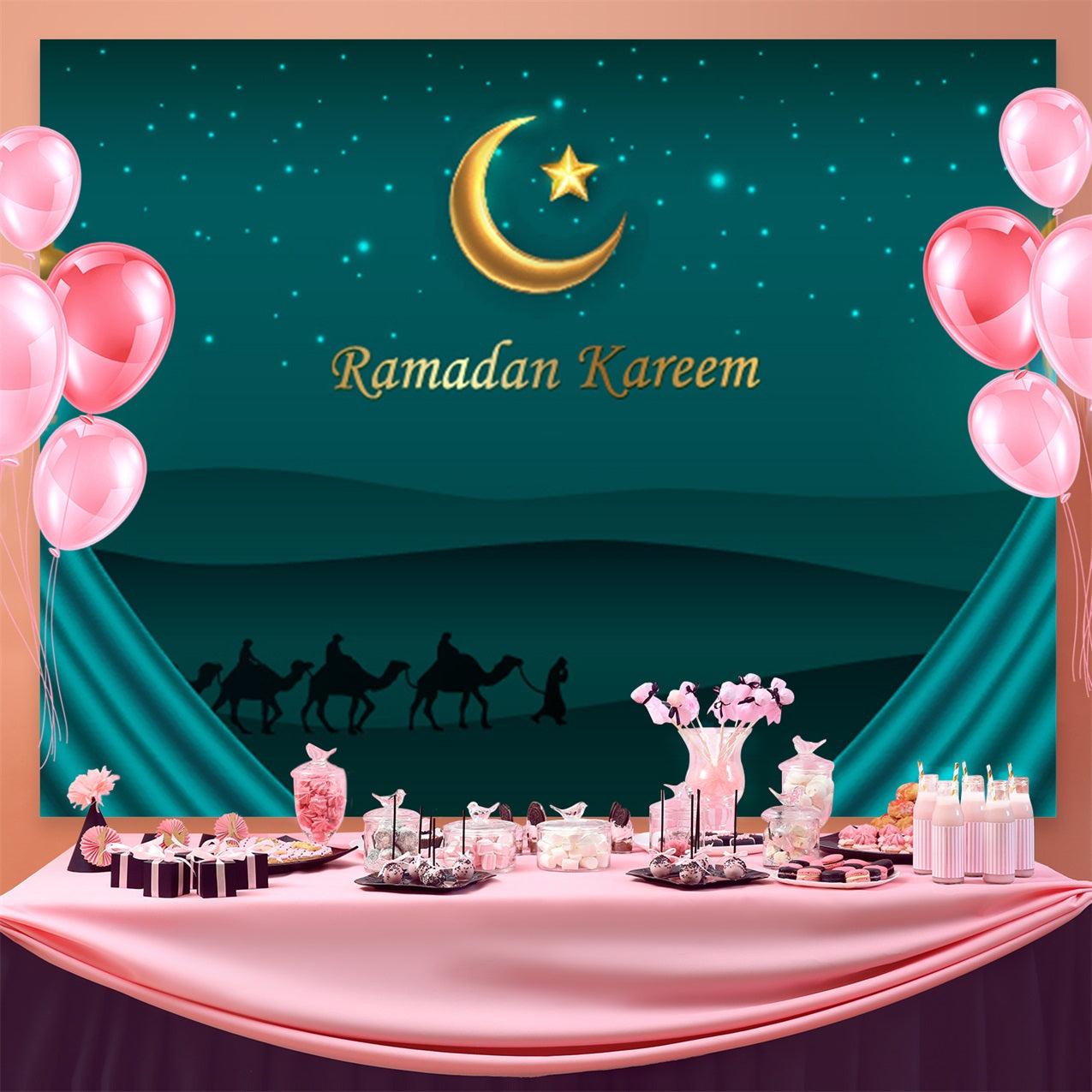 Ramadan Mubarak Backdrop Sternennacht Wüste Kamele Backdrop GQ3-36