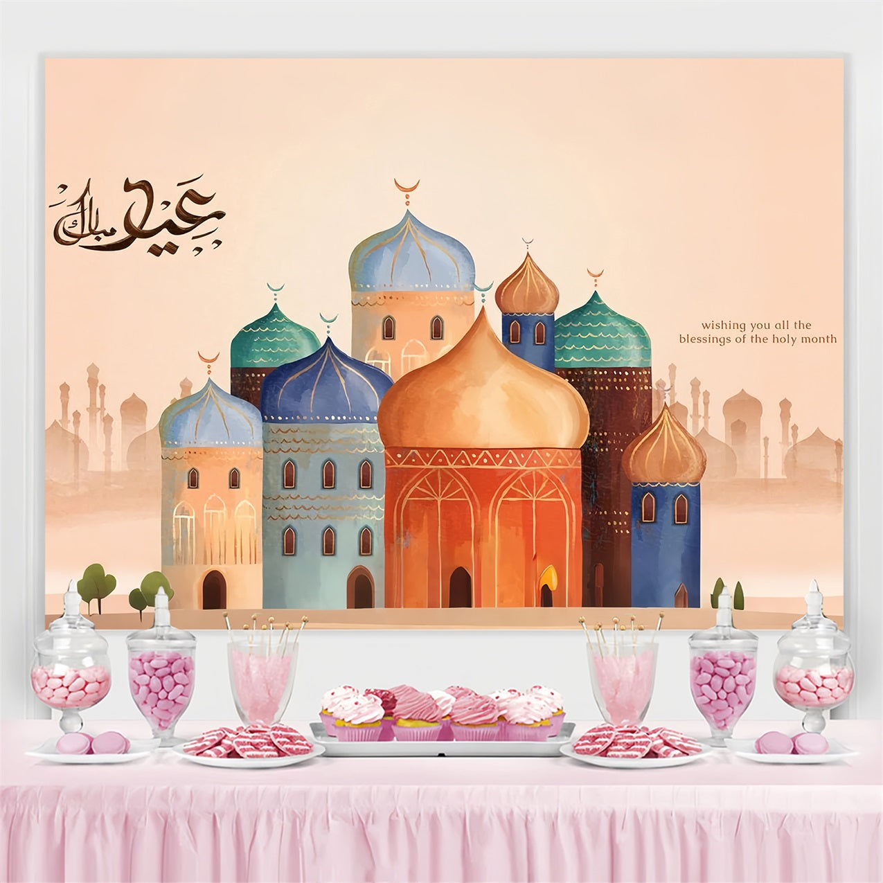 Ramadan Mubarak Backdrop Aquarell Moschee Architektur Backdrop GQ3-4