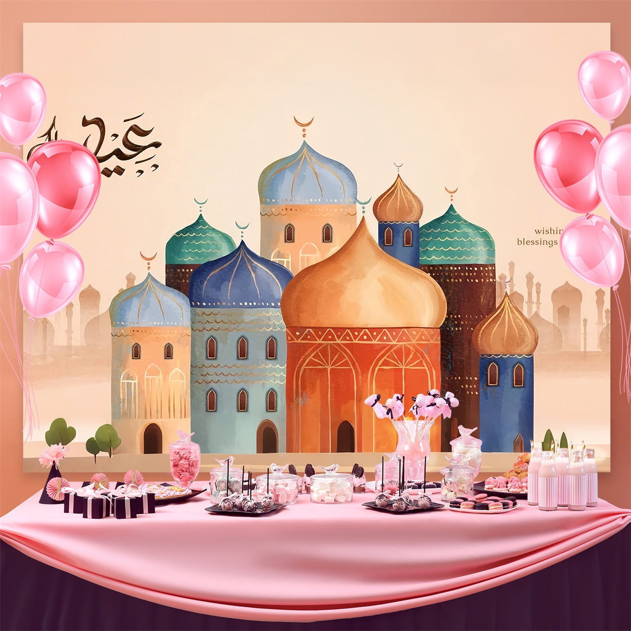 Ramadan Mubarak Backdrop Aquarell Moschee Architektur Backdrop GQ3-4