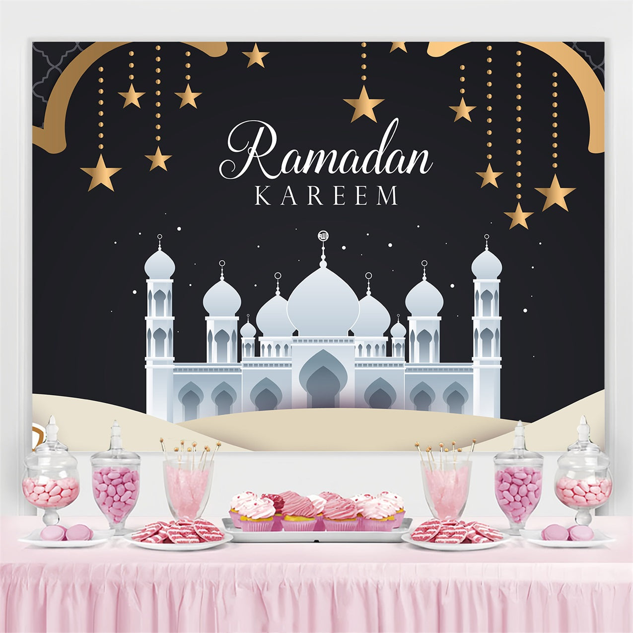 Ramadan Mubarak Backdrop Weiße Moschee Nacht Backdrop GQ3-40