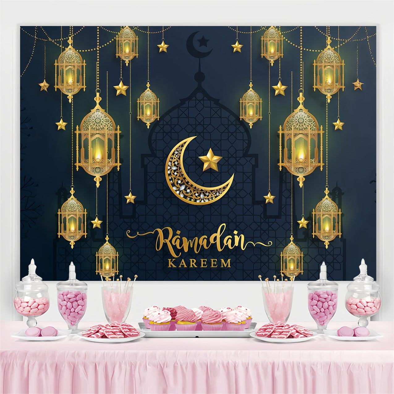 Ramadan Mubarak Backdrop Große Moschee Halbmond Laterne Backdrop GQ3-8