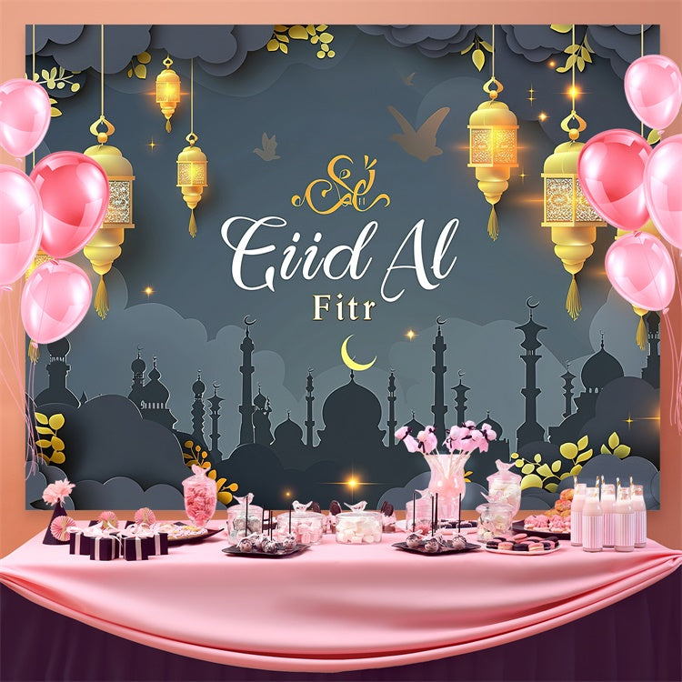 Eid Mubarak Backdrop Verträumt Goldene Lichter Elegant Grau Backdrop GQ3-91