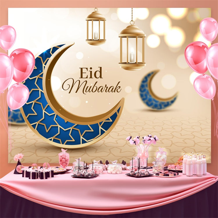 Eid Mubarak Backdrop Arabischer Stil Blau Gold Halbmond Backdrop GQ3-98