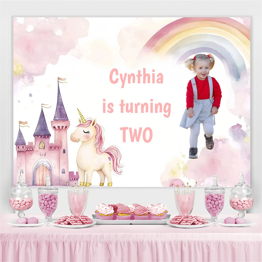 Personalisierte Backdrops für Geburtstag Schloss Einhorn Regenbogen Hintergrund GQ4-227