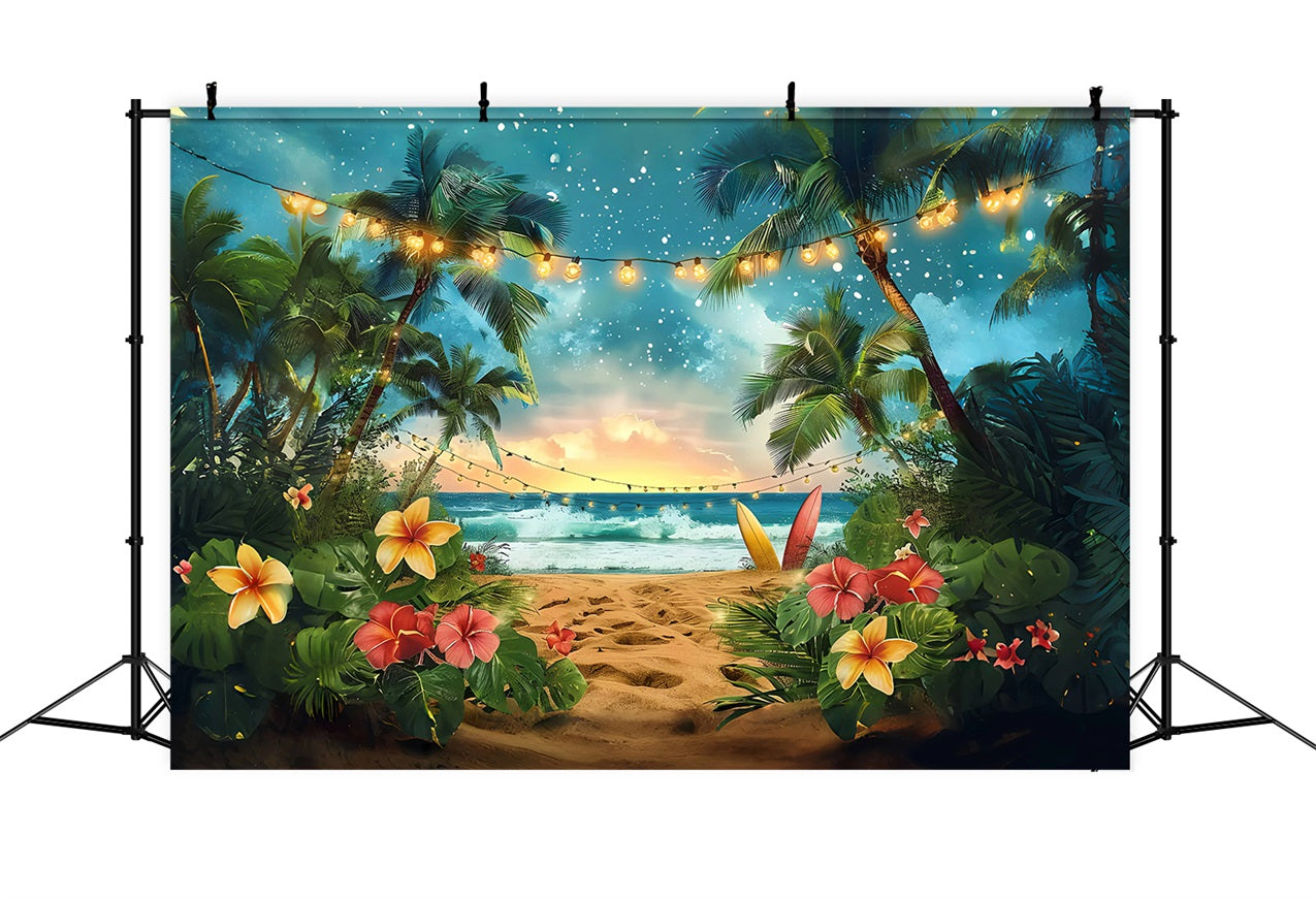 Sommerhintergrund Tropischer Sonnenuntergang Surfbrett Lichterhintergrund GQ4-248