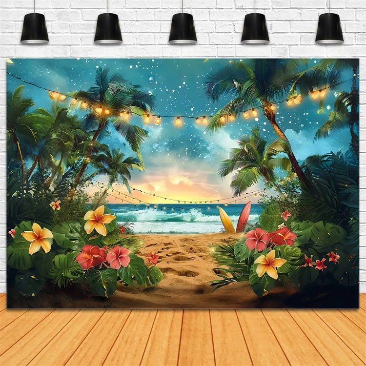 Sommerhintergrund Tropischer Sonnenuntergang Surfbrett Lichterhintergrund GQ4-248