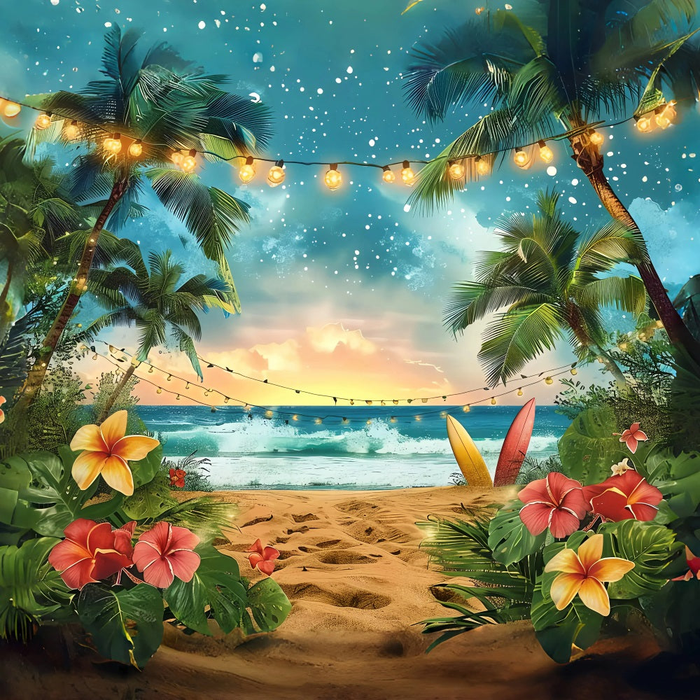 Sommerhintergrund Tropischer Sonnenuntergang Surfbrett Lichterhintergrund GQ4-248