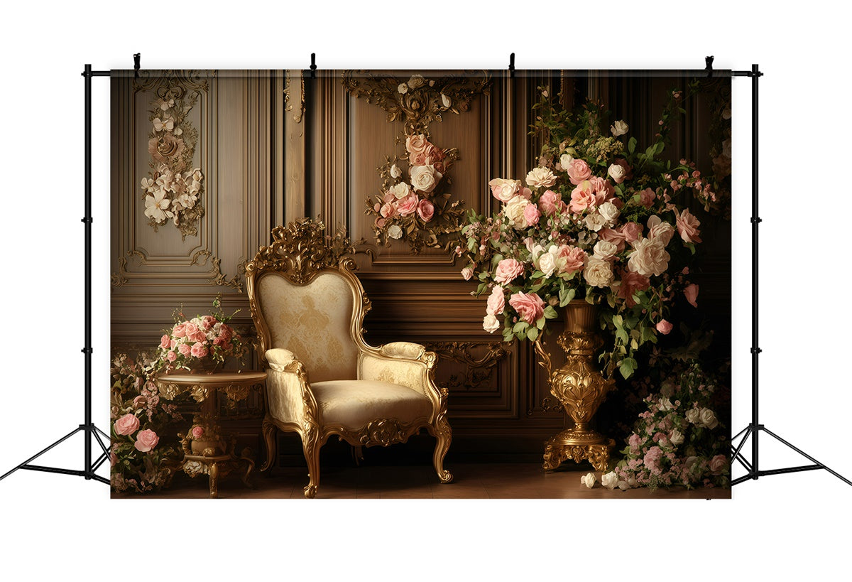 Antike Fotokulisse Goldener Stuhl Florale Wand Vintage Backdrop GQ4-332
