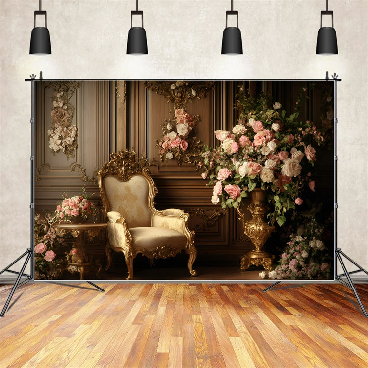 Antike Fotokulisse Goldener Stuhl Florale Wand Vintage Backdrop GQ4-332