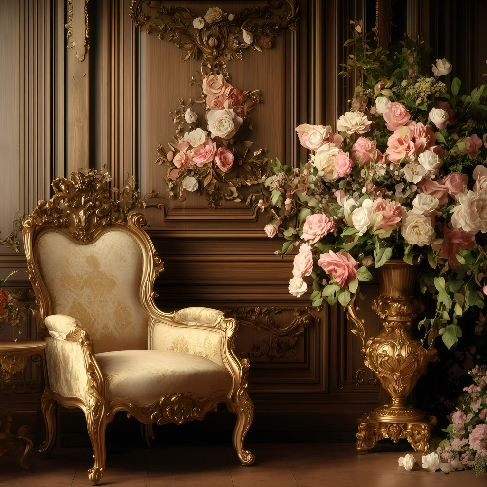 Antike Fotokulisse Goldener Stuhl Florale Wand Vintage Backdrop GQ4-332