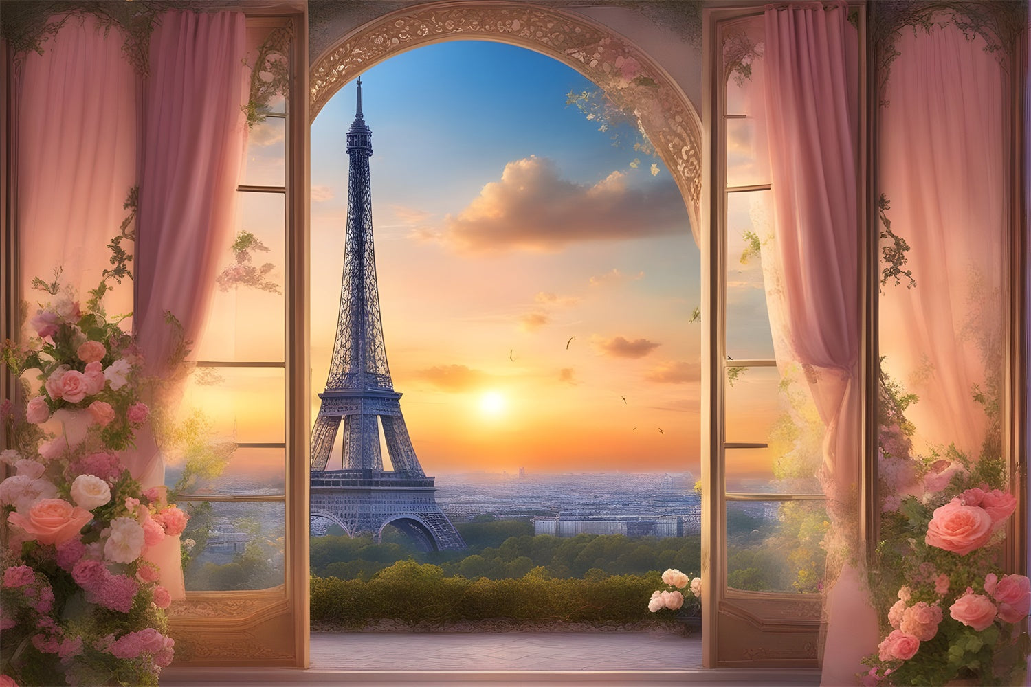 Eiffelturm Paris Backdrop Sonnenuntergang Ansicht Floral Curtains Backdrop GQ4-38