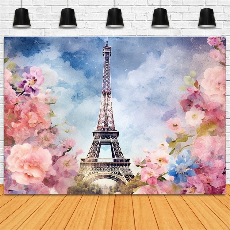 Paris Fotohintergrund Aquarell Eiffelturm Blumenkulisse GQ4-42
