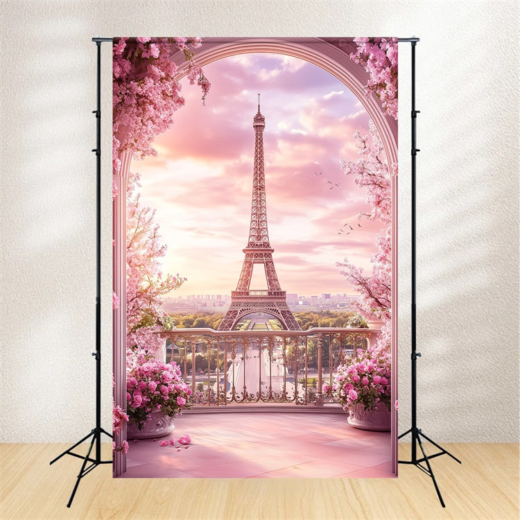Paris Eiffelturm Backdrop Rosa Balkon Bogen Floral Backdrop GQ4-52