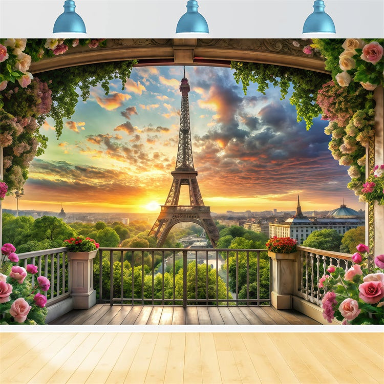 Eiffelturm Paris Backdrop Floral Balkon Sonnenuntergang Ansicht Backdrop GQ4-60