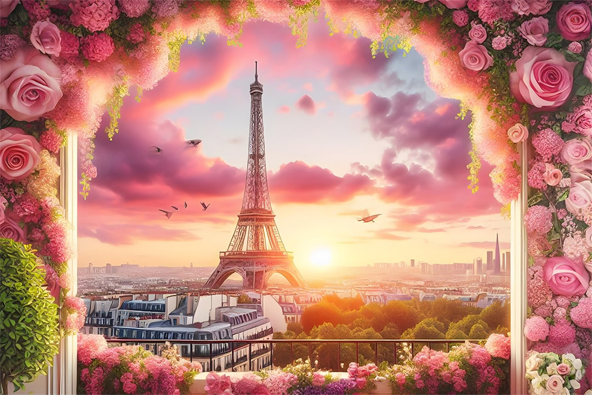 Paris Eiffelturm Backdrop Rosa Himmel Blumenrahmen Backdrop GQ4-61