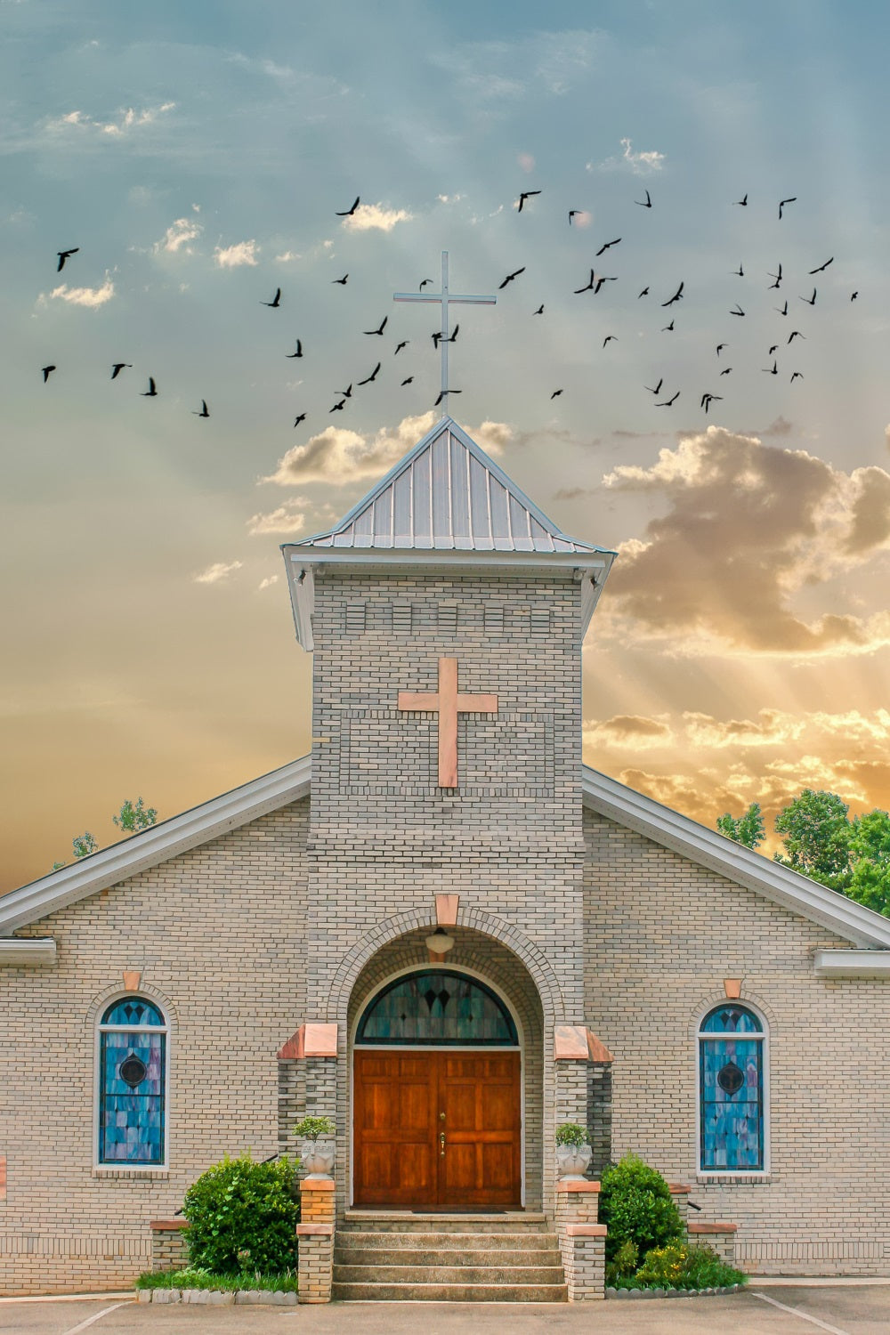 Kirche Backdrops Fliegende Vögel Himmel Architektur Backdrop GQ4-75