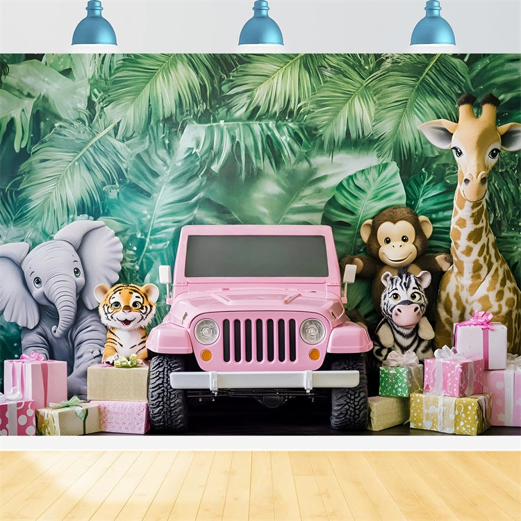 Kinder Backdrops Dschungel Safari Rosa Jeep Hintergrund GQ5-206
