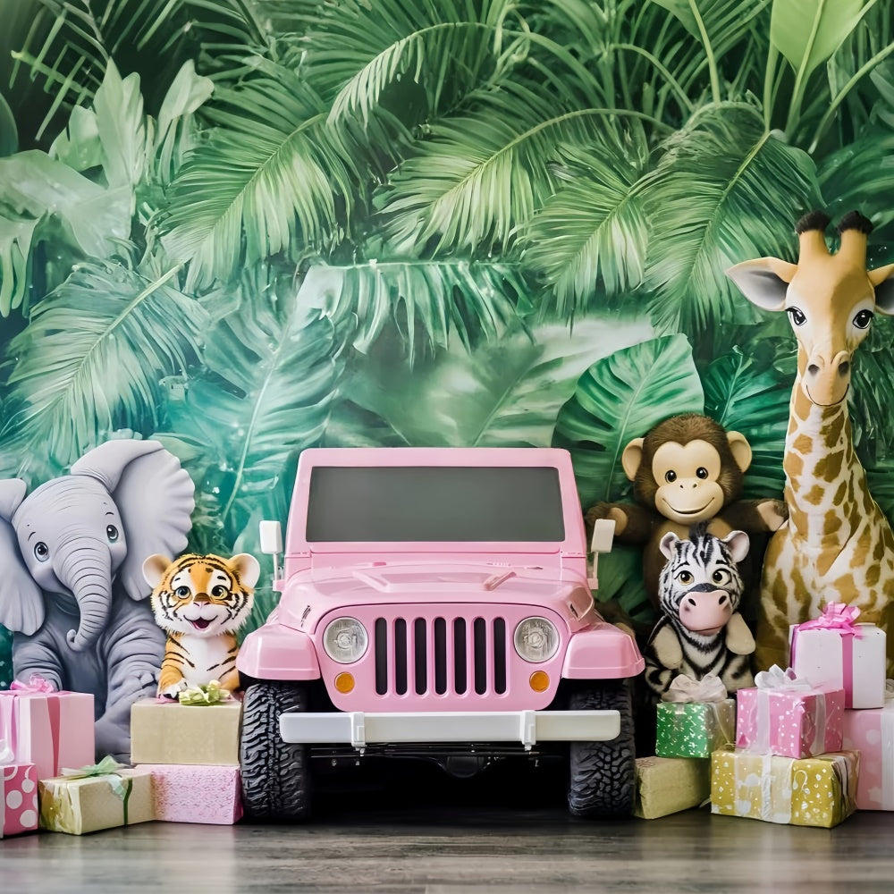 Kinder Backdrops Dschungel Safari Rosa Jeep Hintergrund GQ5-206