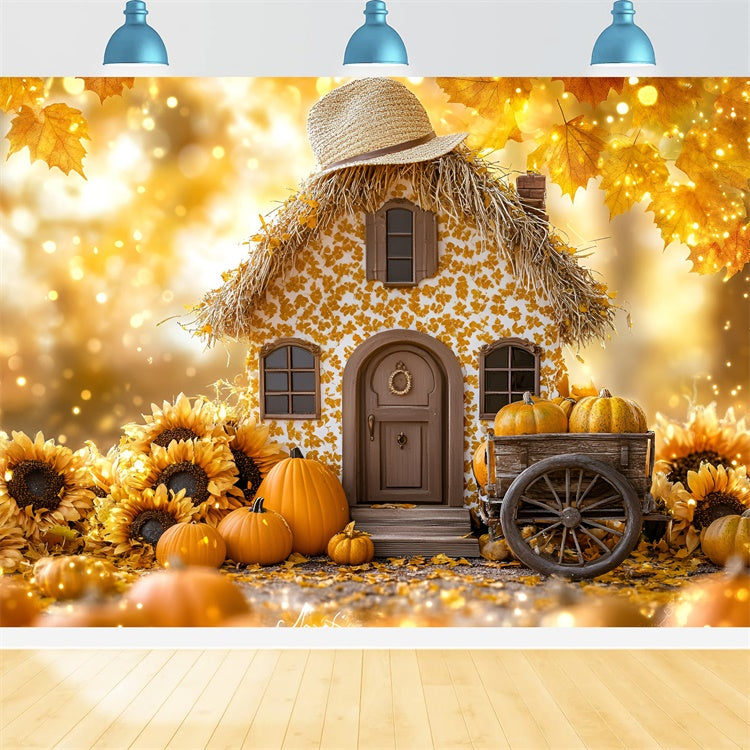 Herbst-Hintergrundkulissen Sonnenblumen-Häuschen-Kürbis-Wagen-Hintergrundkulisse GQ5-77