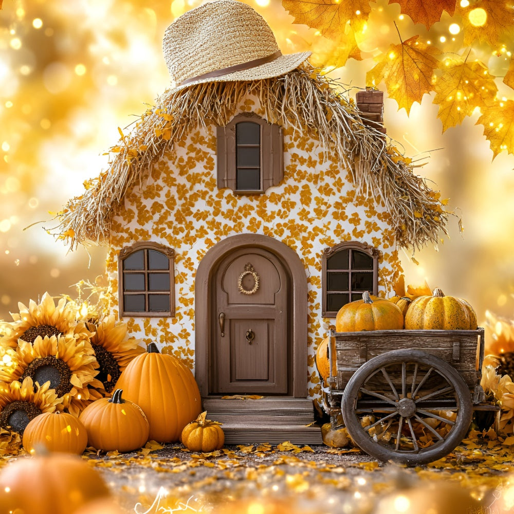 Herbst-Hintergrundkulissen Sonnenblumen-Häuschen-Kürbis-Wagen-Hintergrundkulisse GQ5-77