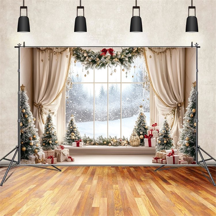 Weihnachten Backdrops Verkauf Festlicher Wald Fensterhintergrund GQ57-11