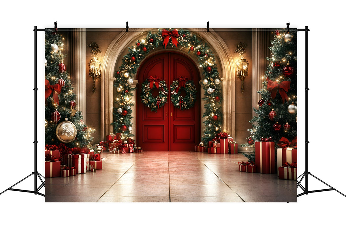 Professionelle Weihnachten Backdrops Rote Tür Girlande Glow Backdrop GQ57-43
