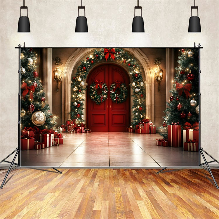 Professionelle Weihnachten Backdrops Rote Tür Girlande Glow Backdrop GQ57-43