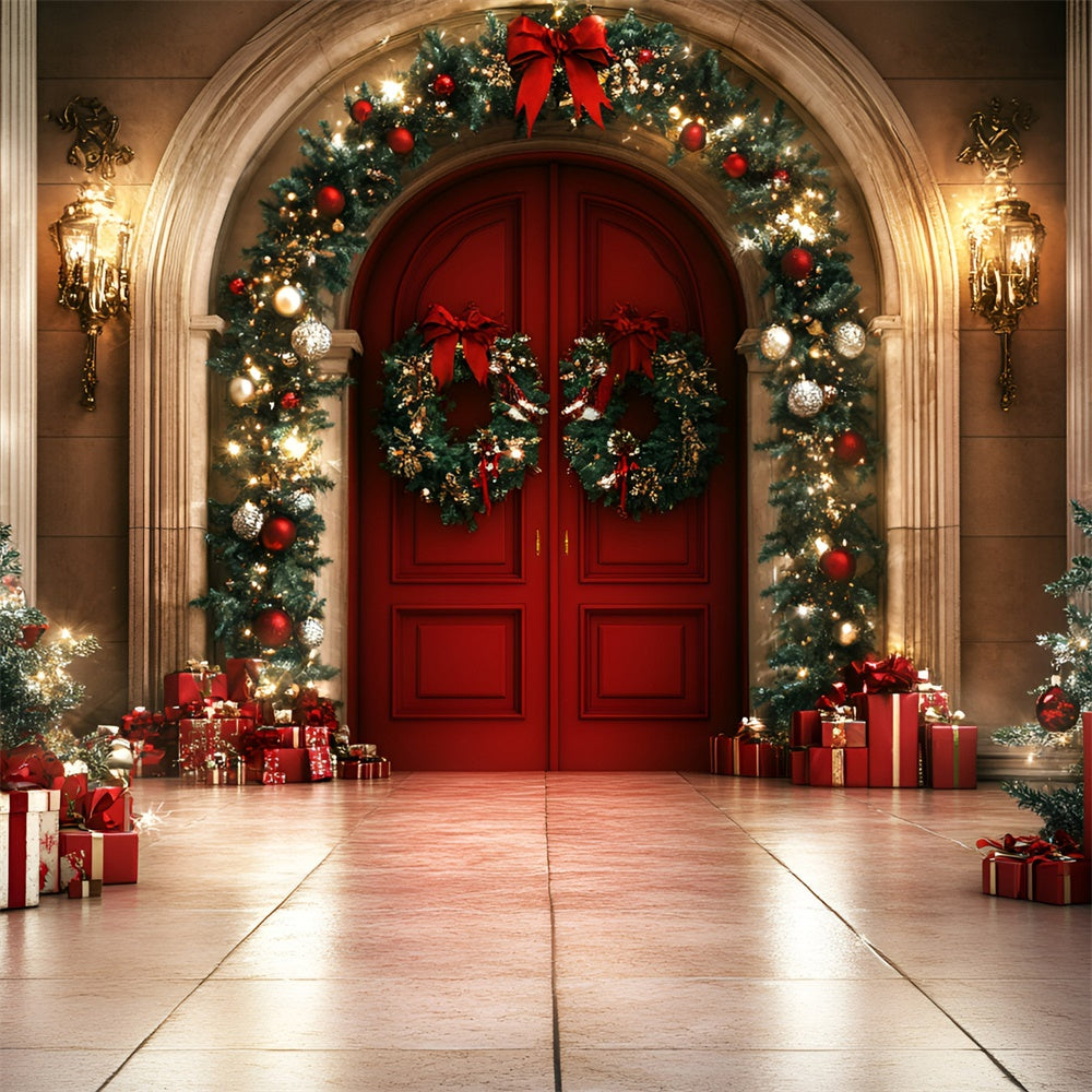 Professionelle Weihnachten Backdrops Rote Tür Girlande Glow Backdrop GQ57-43