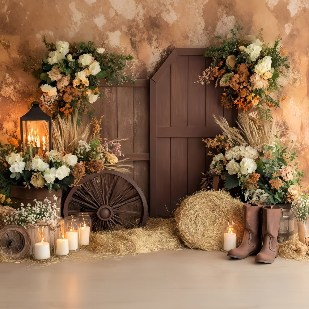 Boho Backdrop Rustikale Stiefel-Blüten Herbst Fotohintergrund GQ57-94