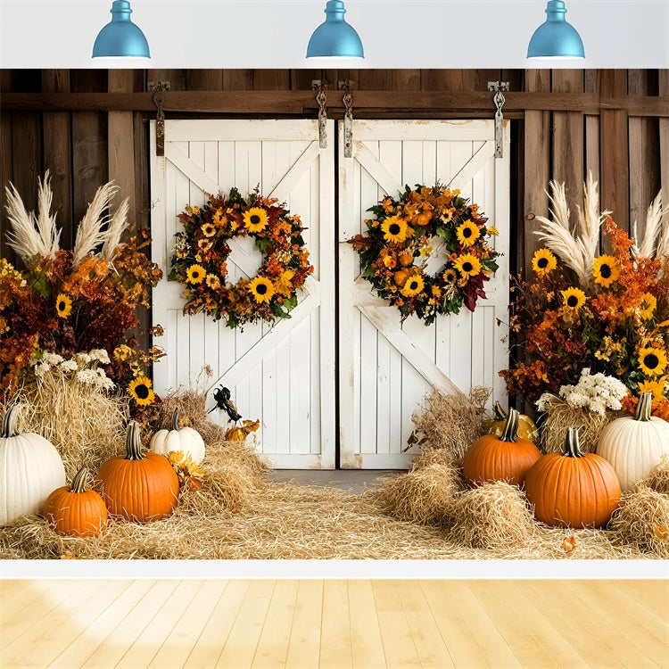 Scheunentür Fotohintergrund Kürbis Heu Kranz Herbst Backdrop GQ57-95