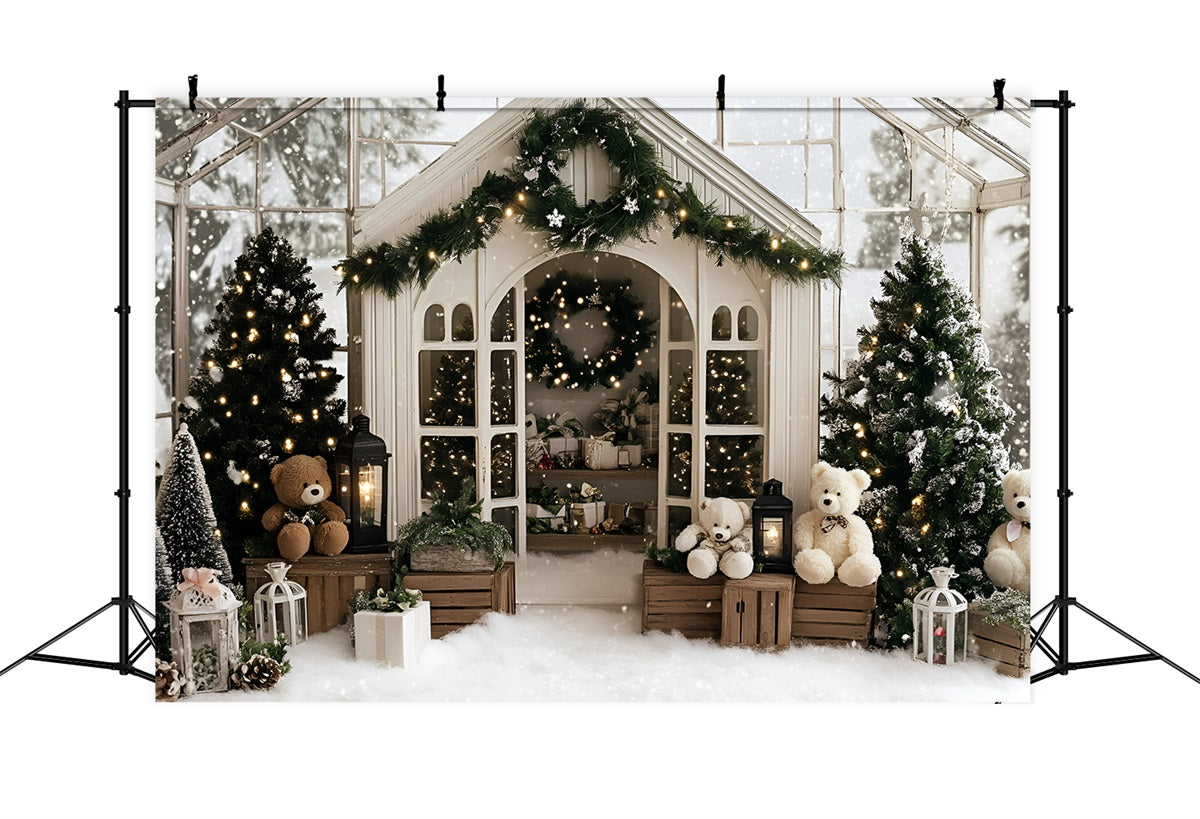 Weihnachten Studiohintergrund Verkauf Gemütliches Gewächshaus Teddy Urlaub Weiß Weihnachten Backdrop GQ58-12