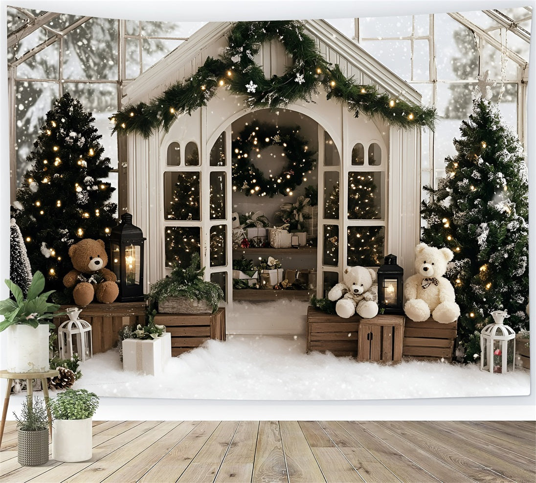 Weihnachten Studiohintergrund Verkauf Gemütliches Gewächshaus Teddy Urlaub Weiß Weihnachten Backdrop GQ58-12
