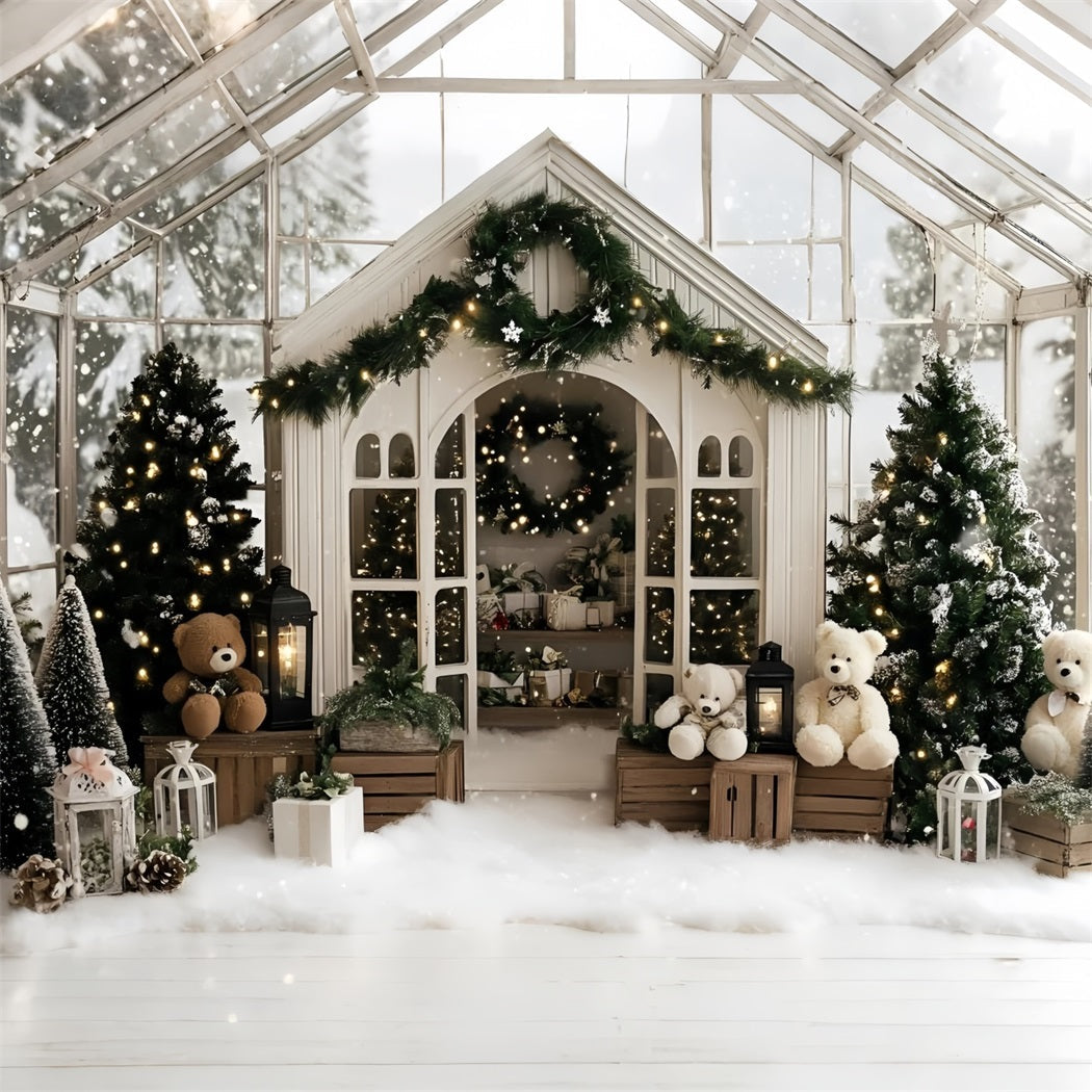 Weihnachten Studiohintergrund Verkauf Gemütliches Gewächshaus Teddy Urlaub Weiß Weihnachten Backdrop GQ58-12