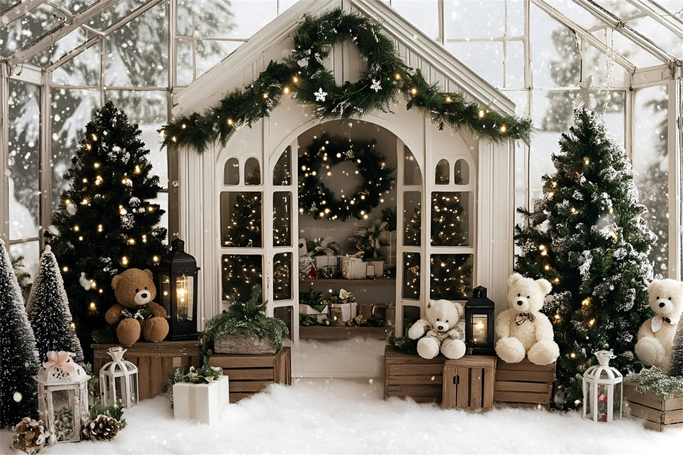 Weihnachten Studiohintergrund Verkauf Gemütliches Gewächshaus Teddy Urlaub Weiß Weihnachten Backdrop GQ58-12