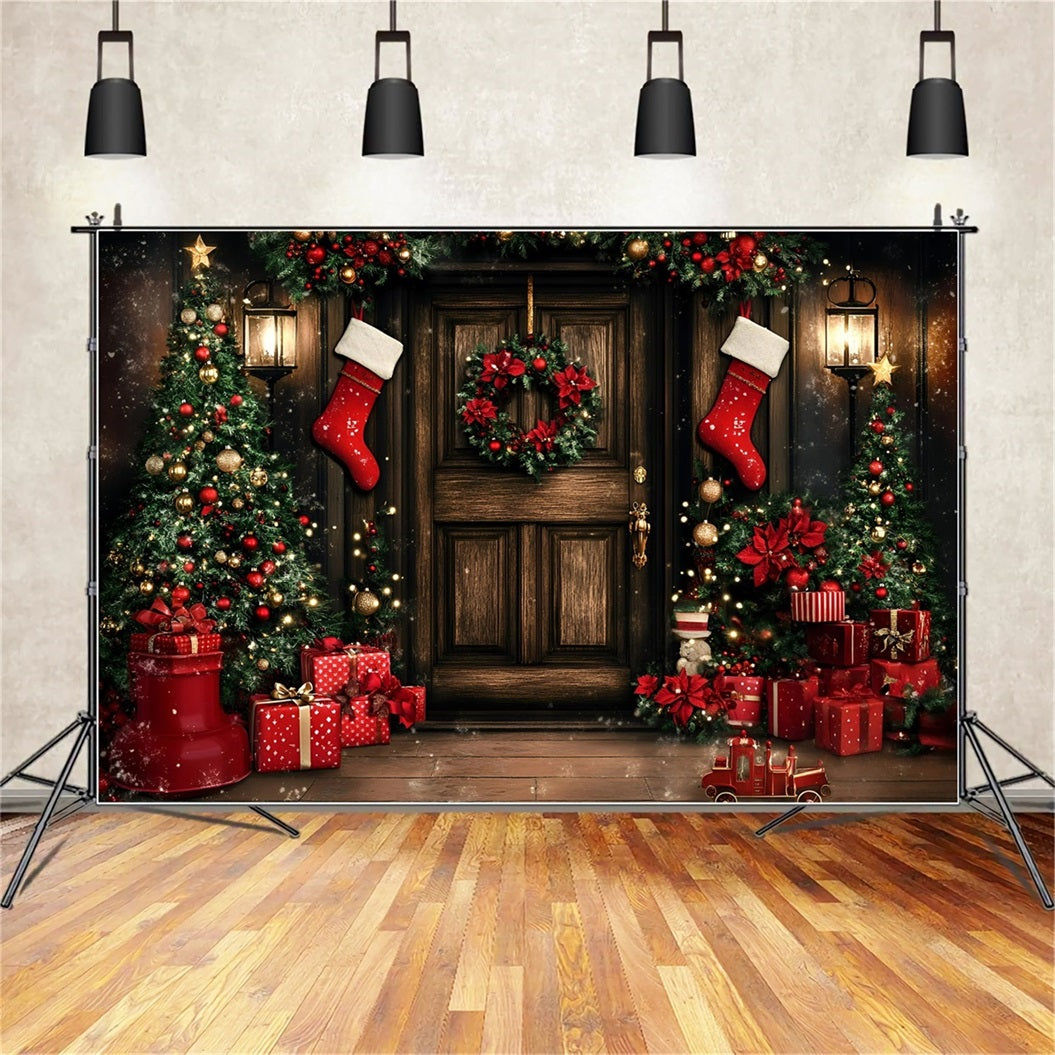 Weihnachten Studiohintergrund Verkauf Vintage Braun Holz Wand Geschenke Rot Weihnachten Backdrop GQ58-13