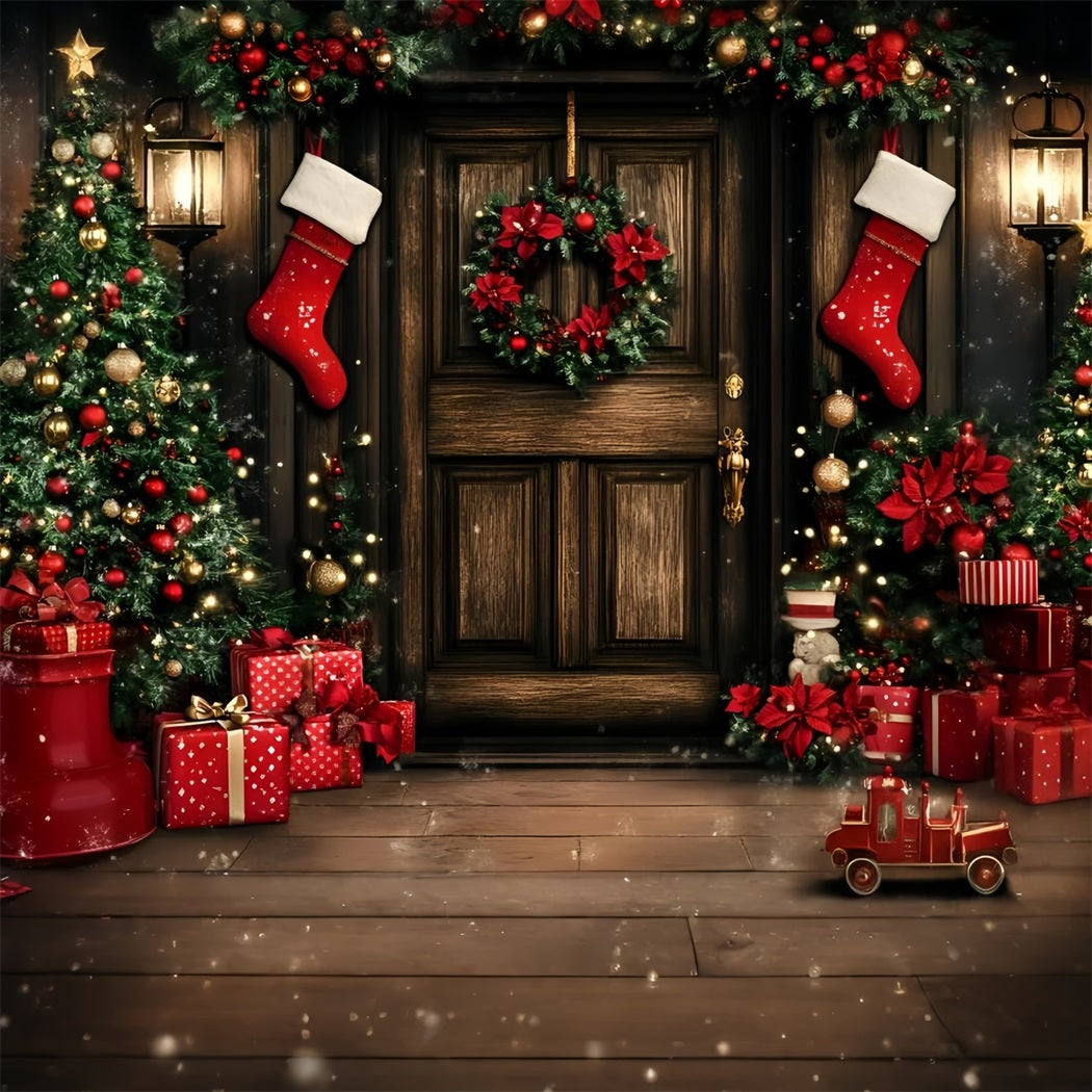 Weihnachten Studiohintergrund Verkauf Vintage Braun Holz Wand Geschenke Rot Weihnachten Backdrop GQ58-13