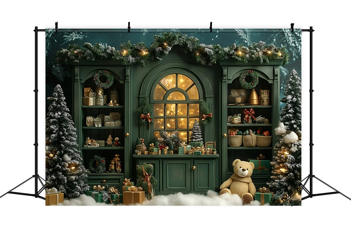 Weihnachten Studiohintergrund Verkauf Vintage Grünes Regal Niedlicher Teddy Weihnachten Fotokulisse GQ58-15