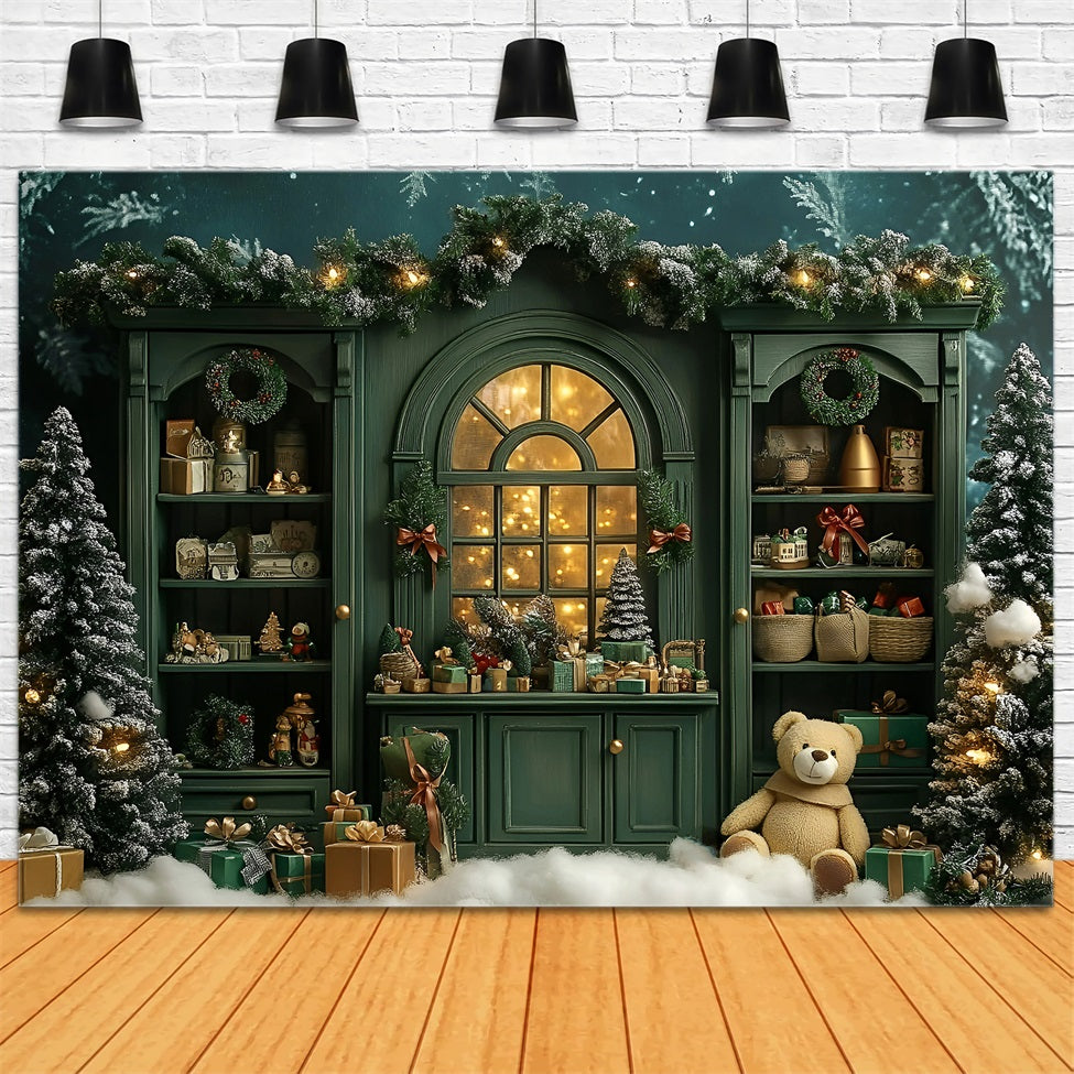 Weihnachten Studiohintergrund Verkauf Vintage Grünes Regal Niedlicher Teddy Weihnachten Fotokulisse GQ58-15