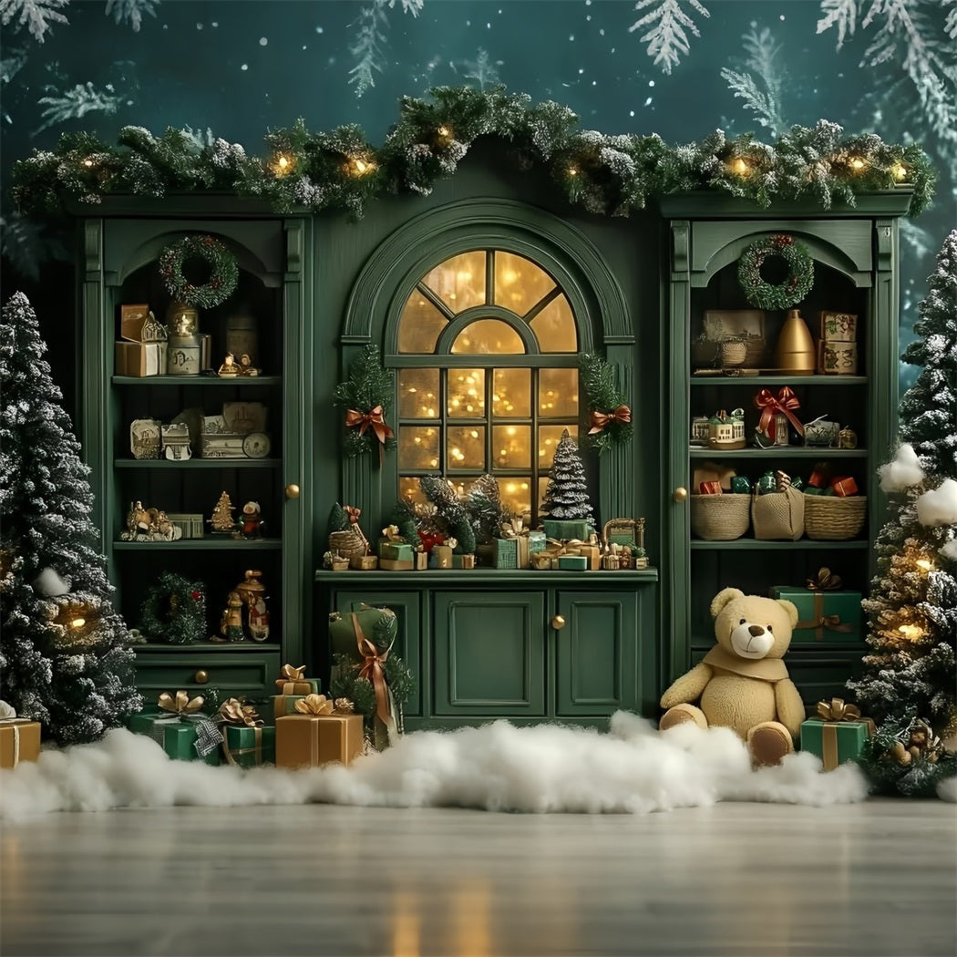 Weihnachten Studiohintergrund Verkauf Vintage Grünes Regal Niedlicher Teddy Weihnachten Fotokulisse GQ58-15