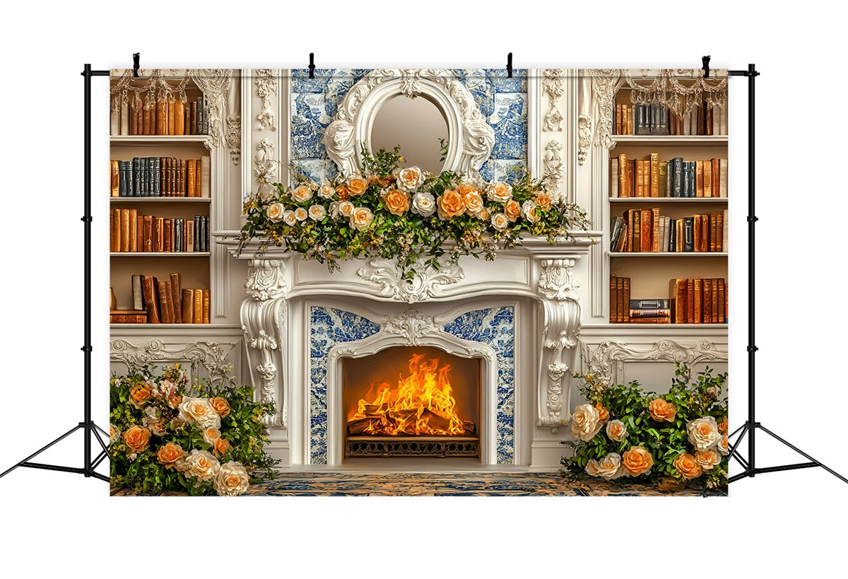 Weihnachten Kamin Fotohintergrund Romantisch Champagner Rose Bücherregal Wand Weihnachten Fotohintergrund für Fotos GQ58-18