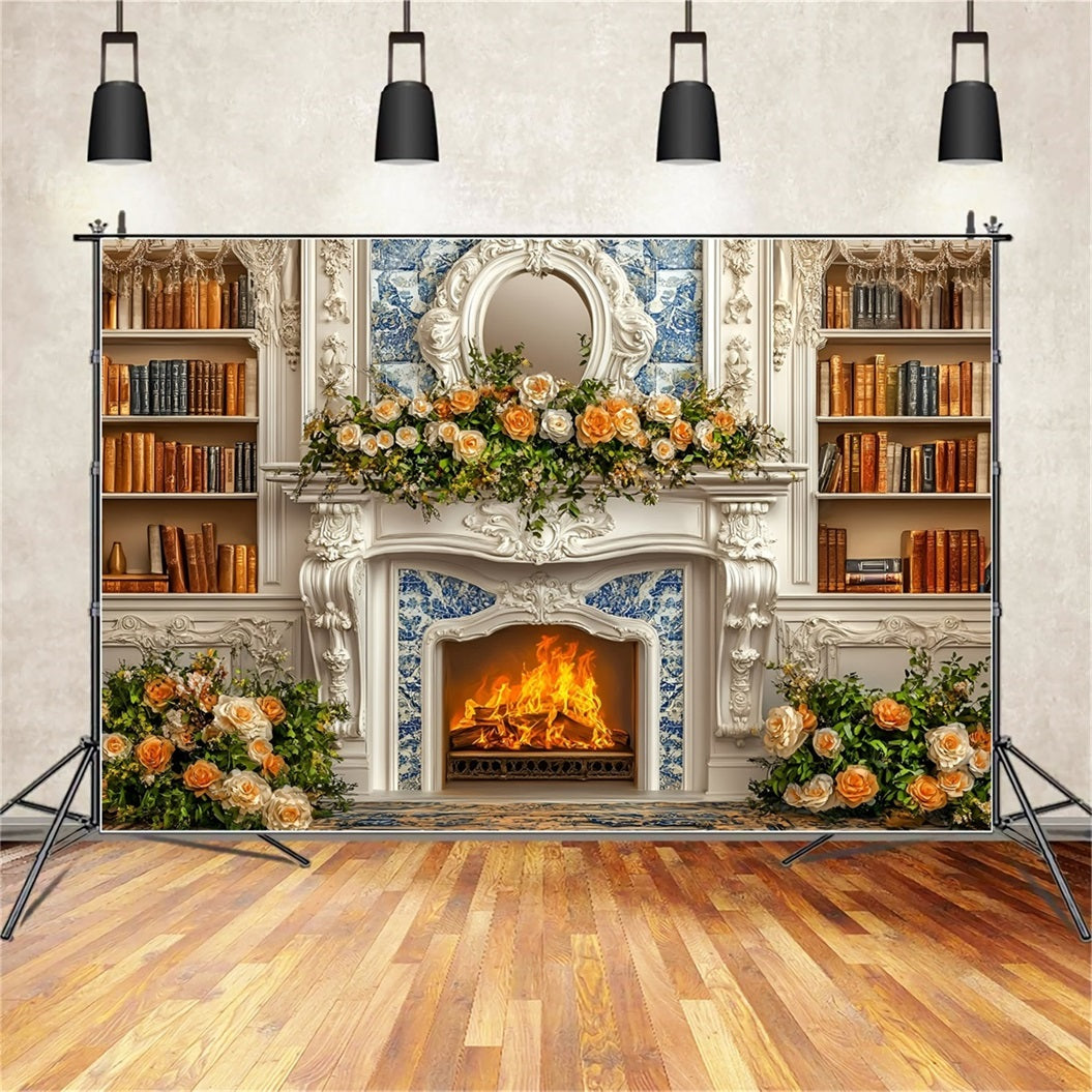 Weihnachten Kamin Fotohintergrund Romantisch Champagner Rose Bücherregal Wand Weihnachten Fotohintergrund für Fotos GQ58-18